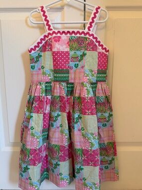 NWOT Hartstrings girls Pink and Green Patchwork Dress ric rac 6x
